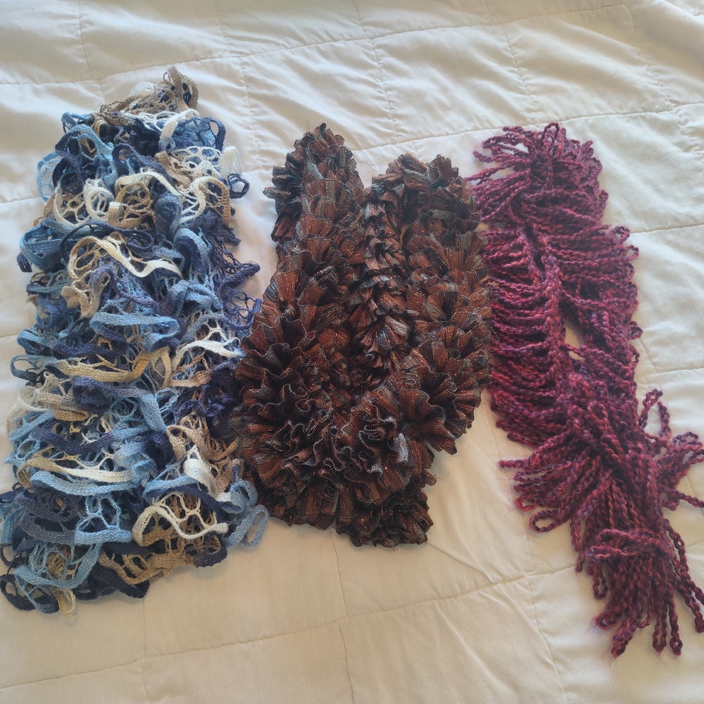 Trio of Textured Scarves in Blue, Brown, and Purple